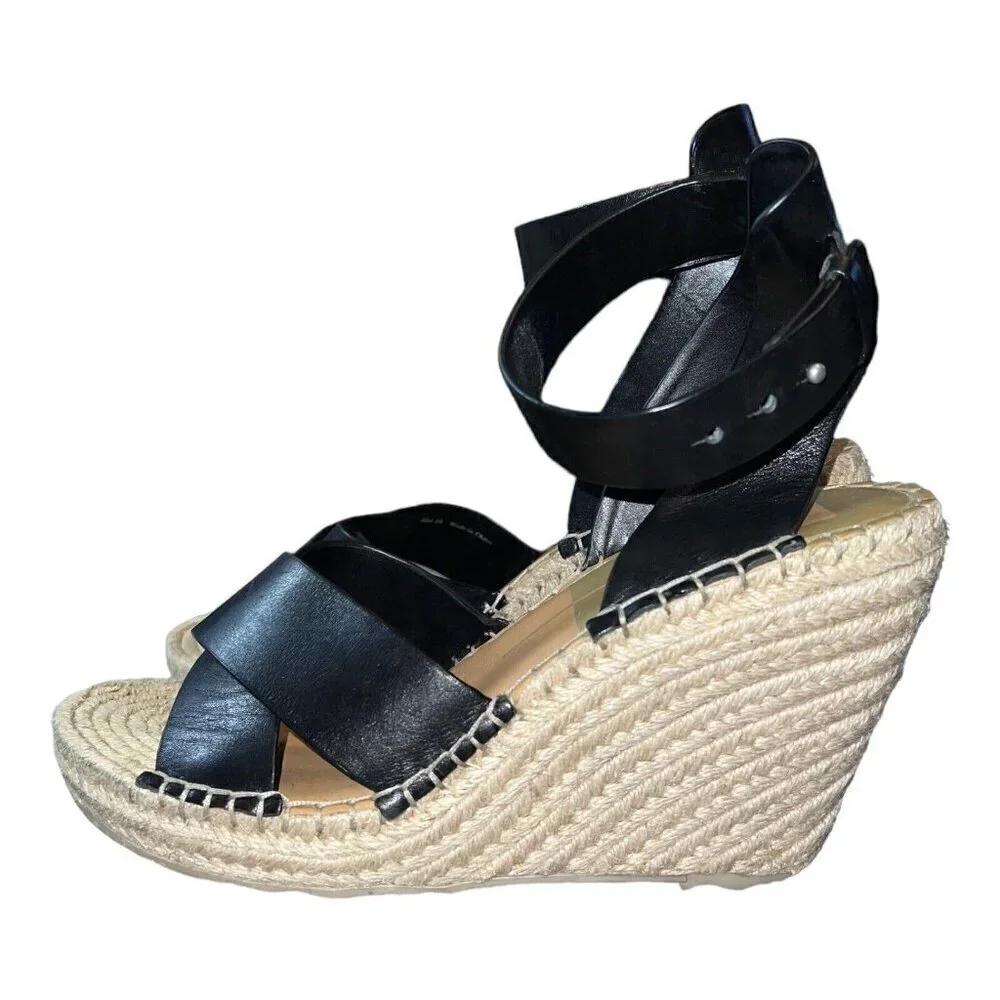DOLCE VITA Black Leather Open Toe Ankle Strap Espadrille Wedge Sandals Sz 10
